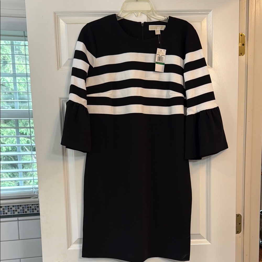 Michael Kors Black and White Sheath Dress with Bell Sleeves.